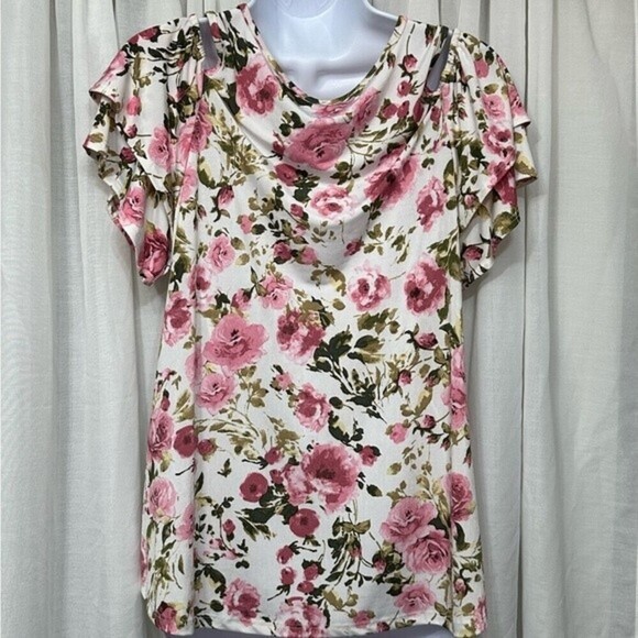 Discreet Floral‎ Print Multicolored Short Sleeve  Open Shoulder Size XL Top - Picture 6 of 16